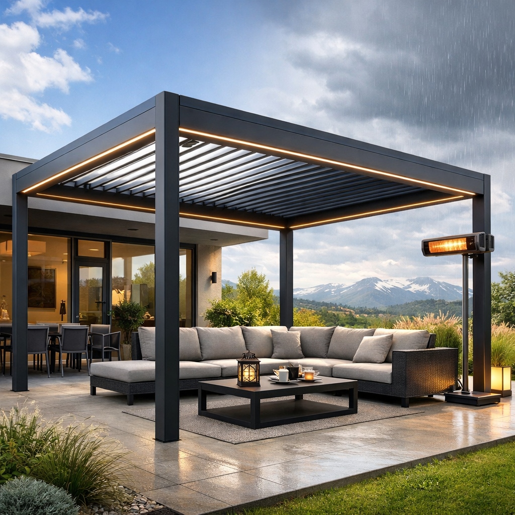 Hliníková pergola – moderní zastřešení terasy pro celoroční komfort